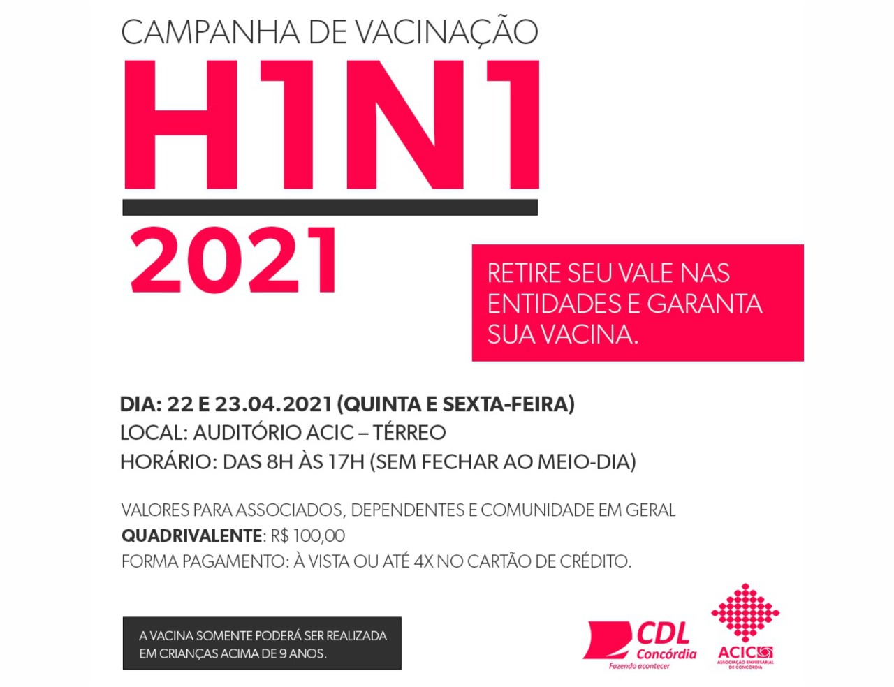 ACIC e CDL promovem neste mês campanha de Vacinação contra gripe A H1N1