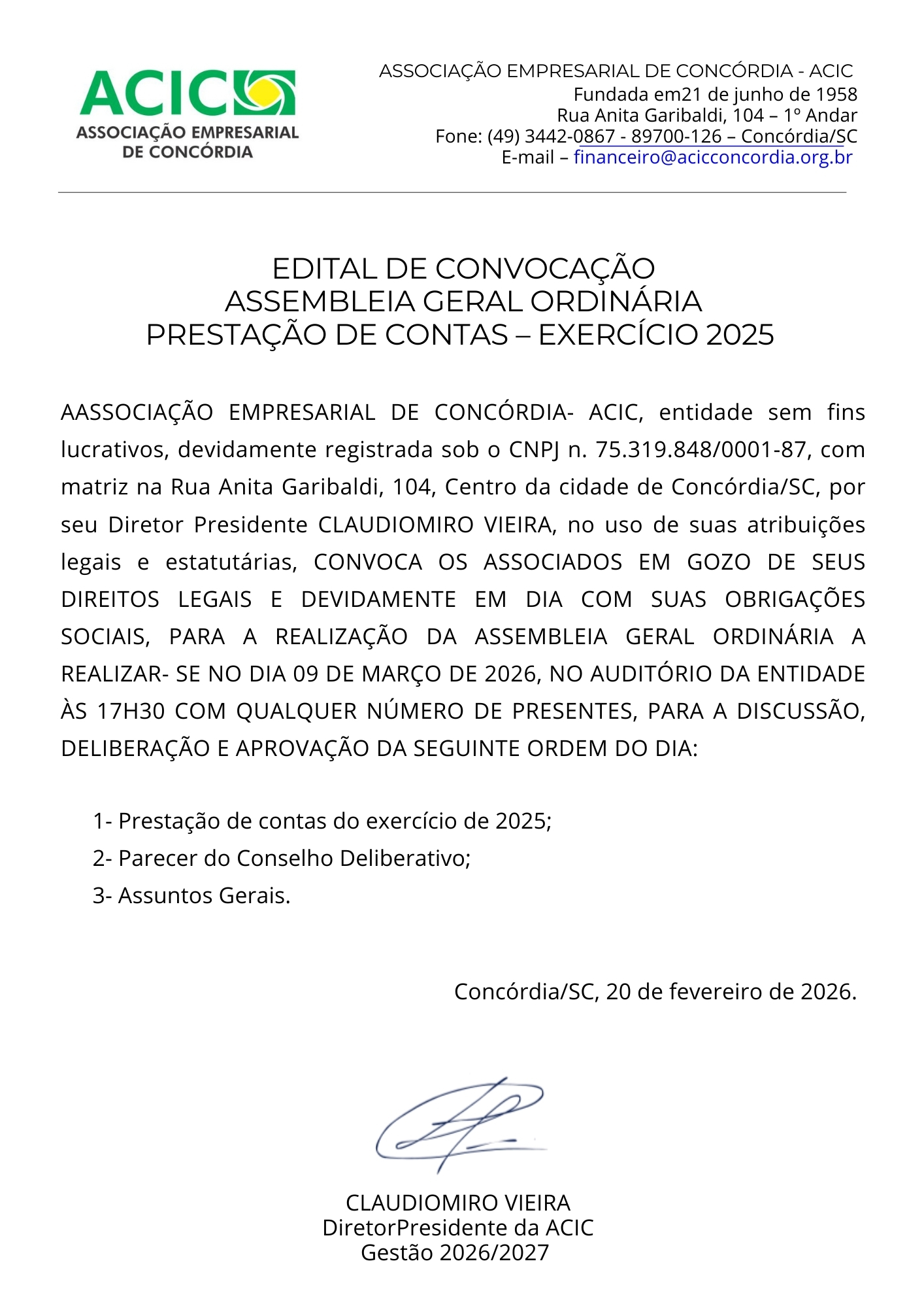 Edital de Convocação Assembleia Geral Ordinária, prestação de contas - Exercício 2025