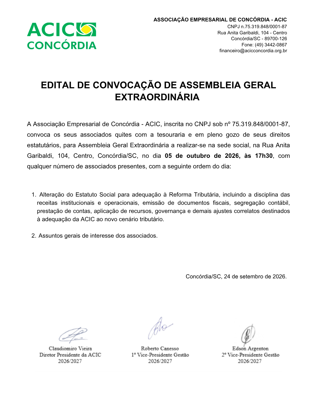 Edital de Convocação de Assembleia Geral Extraordinária