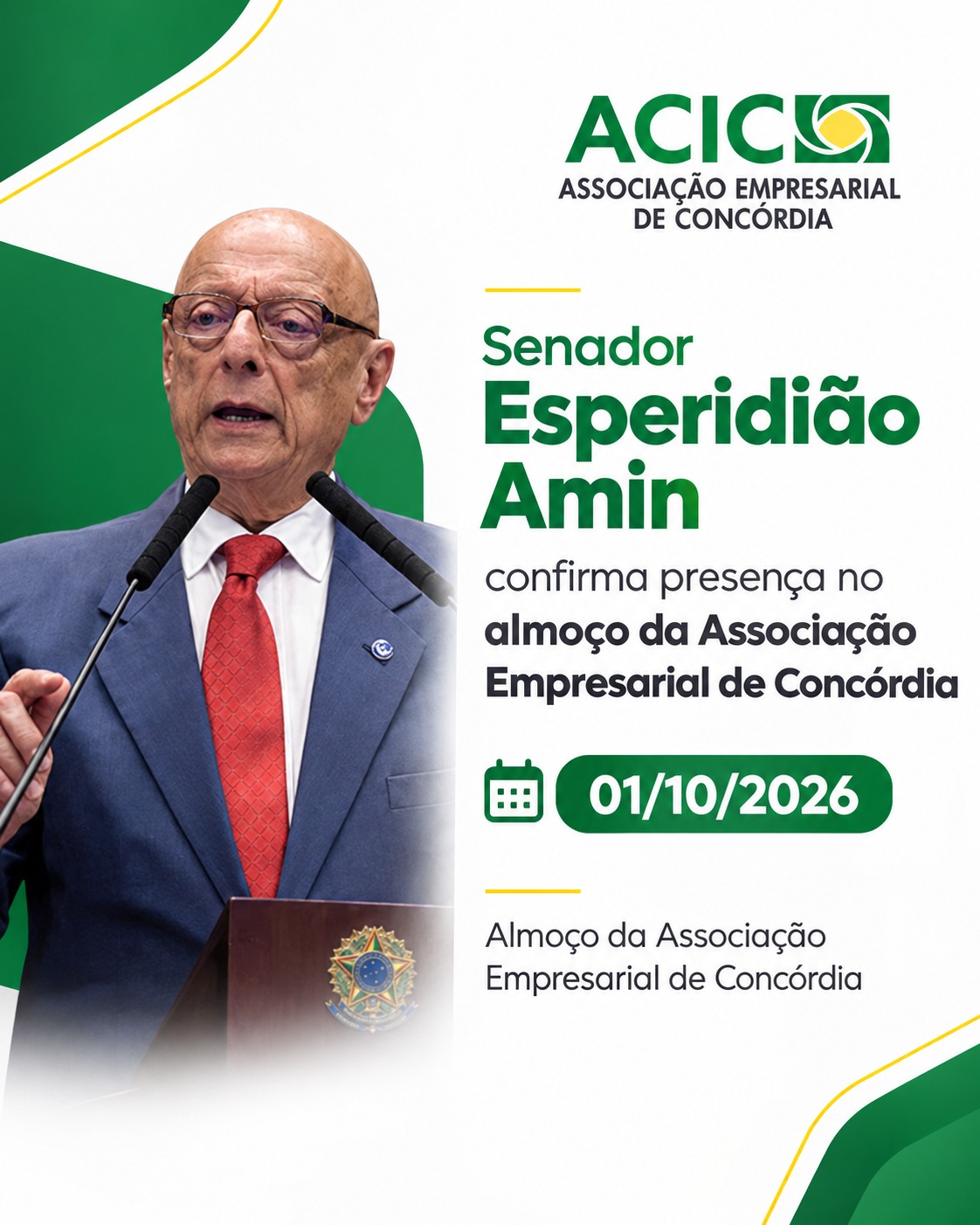 Senador Esperidião Amin confirma presença em almoço da Associação Empresarial de Concórdia