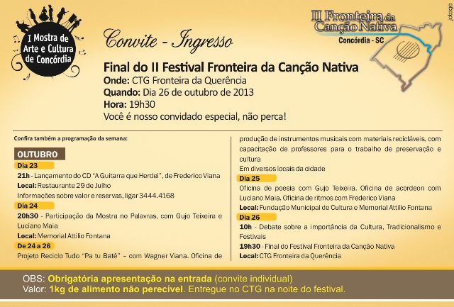 Convite: Festival Fronteira da Canção Nativa e Mostra de Arte e Cultura
    