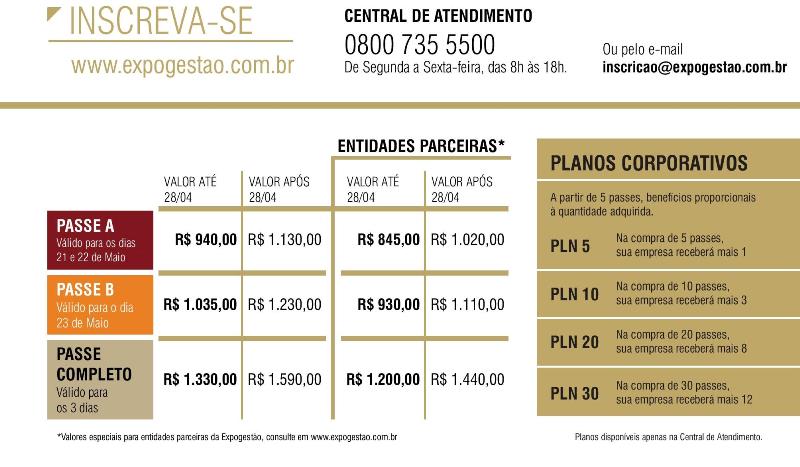 Valores de inscrições para a ExpoGestão
    